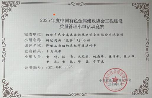 公司QC成果喜獲有色金屬建設行業獎 